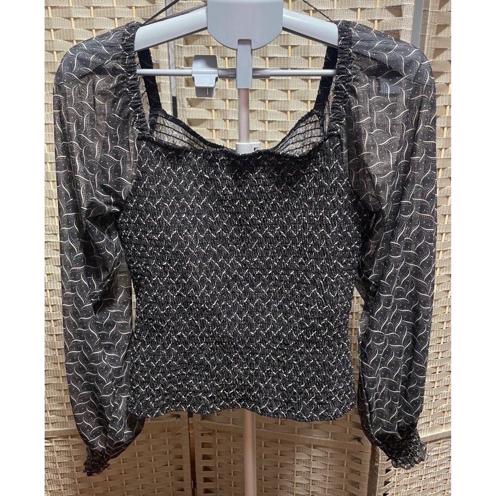 Anthropologie Black Smocked Mesh Long Sleeve Top Square Neck Geometric Print L
